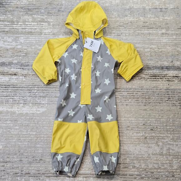 NWT 7AM Rain Coveralls Waterproof Hooded Rainy Star Print Yellow Gray 2-3T - Picture 3 of 9
